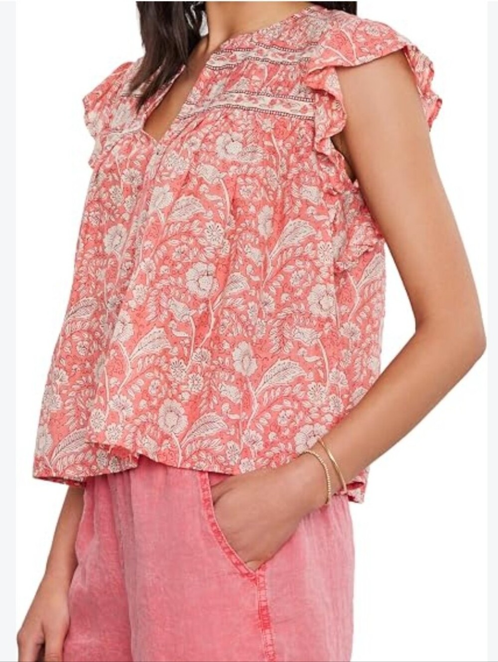 Velvet by Graham & Spencer Coral Pink Floral Flutter-Sleeve Blouse Small